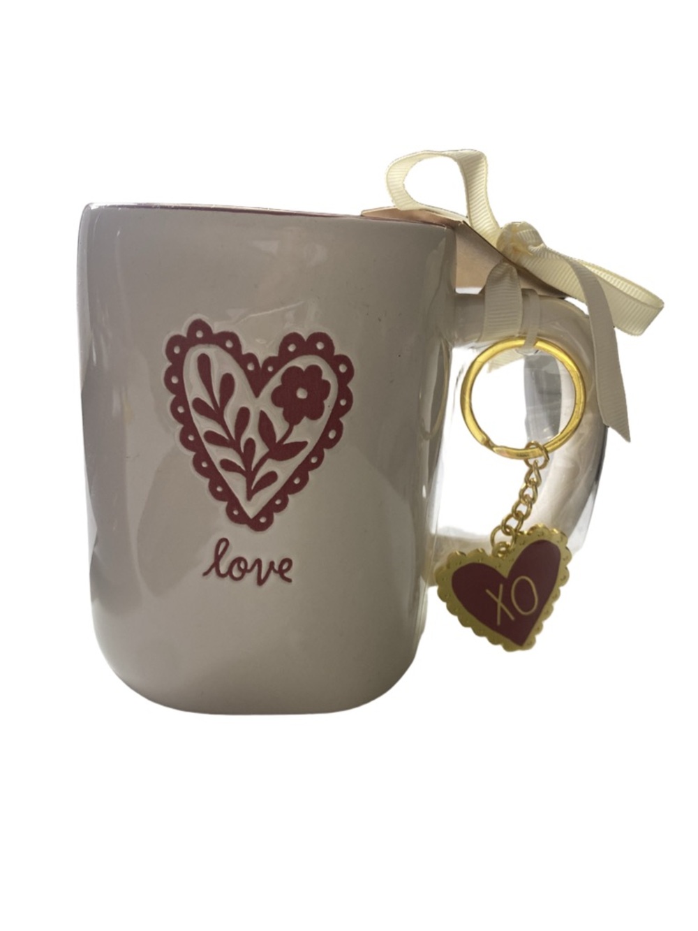 Rae Dunn White Mug with Red Heart and Gold XO Keychain